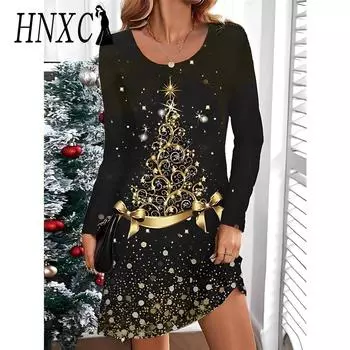 HNXC Женская мода осень-зима рождественский принт длинный рукав О-образный вырез повседневные платья S
