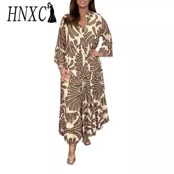 HNXC Женская мода осень-зима с цветочным принтом и рукавом 3/4 с v-образным вырезом повседневные платья S жёлтый