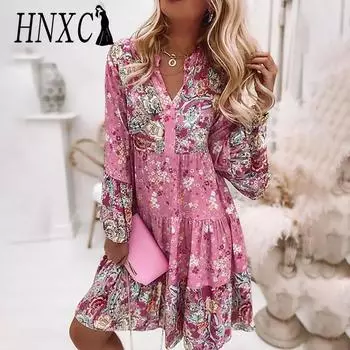 HNXC Женская мода осень-зима с цветочным принтом и длинным рукавом с v-образным вырезом повседневные платья S розовый