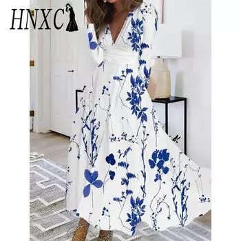 HNXC Женская мода осень-зима с цветочным принтом и длинным рукавом с v-образным вырезом и высокой талией повседневные платья S