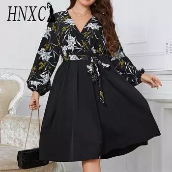 HNXC Женская мода осень-зима с цветочным принтом и длинным рукавом с v-образным вырезом повседневные платья большого размера