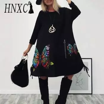 HNXC Женская мода осень-зима с длинным рукавом и круглым вырезом повседневные платья S чёрный