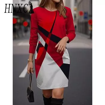 HNXC Женская мода осень-зима с длинным рукавом и круглым вырезом повседневные платья S красный