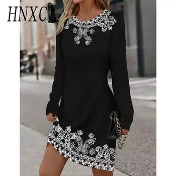HNXC Женская мода осень-зима с длинным рукавом и круглым вырезом повседневные платья S чёрный