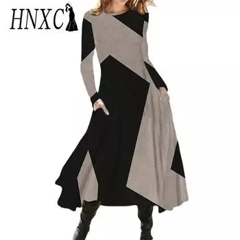 HNXC Женская мода осень-зима с длинным рукавом и круглым вырезом с высокой талией повседневные платья S
