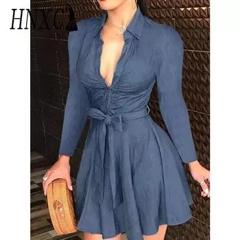 HNXC Женская мода осень-зима с длинным рукавом и воротником-поло повседневные платья S