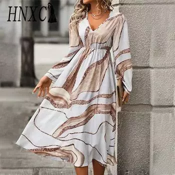 HNXC Женская мода осень-зима с длинным рукавом и V-образным вырезом повседневные платья S розового золота