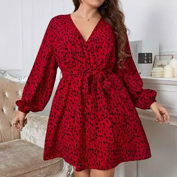 HNXC Женская мода осень-зима с леопардовым принтом и длинными рукавами, v-образным вырезом, повседневные платья XL красный