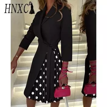 HNXC Женская мода осень-зима однотонные повседневные платья с принтом и рукавом 3/4 и V-образным вырезом S