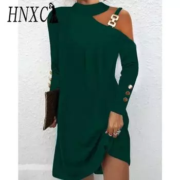 HNXC Женская мода осень зима весна однотонные принты с длинным рукавом повседневные платья S чёрный