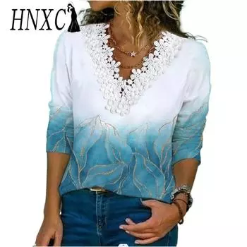 HNXC Женская мода Повседневная Летняя Весна Цветочный Принт Длинный Рукав V-образный Вырез Блузки и Рубашки S
