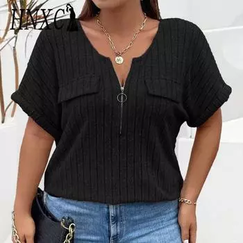 HNXC Женская мода Повседневная Летняя Весна Однотонный Принт Короткий Рукав Воротник-Молния Блузки и Рубашки XL чёрный