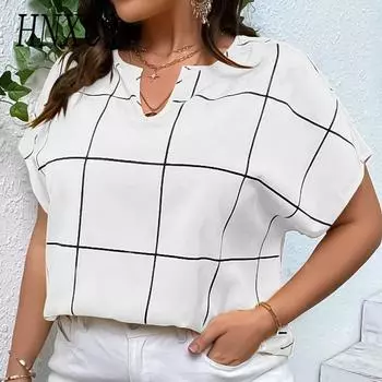 HNXC Женская мода повседневная летняя весна клетчатый принт короткий рукав V-образный вырез блузки и рубашки XL белый