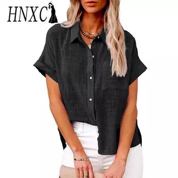 HNXC Женская мода повседневная летняя весна однотонная принт с коротким рукавом воротник поло блузки и рубашки S белый