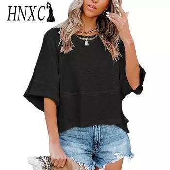 HNXC Женская мода повседневная летняя весна однотонная принтованная блузка с коротким рукавом и круглым вырезом и рубашками S чёрный