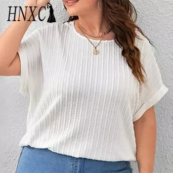 HNXC Женская мода повседневная летняя весна однотонная принтованная блузка с коротким рукавом и круглым вырезом и рубашками XL белый