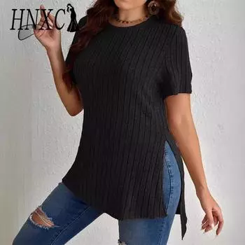 HNXC Женская мода повседневная летняя весна однотонная принтованная блузка с коротким рукавом и круглым вырезом и рубашками XL чёрный