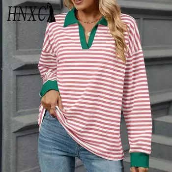 HNXC Женская мода повседневная однотонная принтованная толстовка с капюшоном и воротником-поло с длинным рукавом S розовый