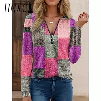 HNXC Женская мода Повседневная Осень Зима Цвет Блок Принт Длинный рукав Молния Воротник Блузки и Рубашки S