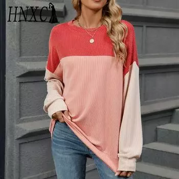 HNXC Женская мода Повседневная осень-зима Цветные блоки с принтом Длинные рукава O-образный вырез Блузки и рубашки S красный