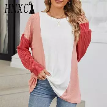 HNXC Женская мода Повседневная осень-зима Цветные блоки с принтом Длинные рукава O-образный вырез Блузки и рубашки S белый