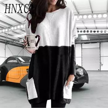 HNXC Женская мода Повседневная Осень Зима Цветные Блоки Принт Длинные Рукава О-Образный Вырез Блузки и Рубашки S чёрный