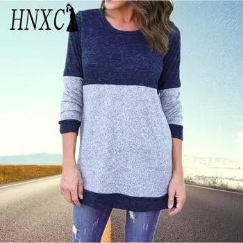 HNXC Женская мода Повседневная Осень Зима Цветные Блоки Принт Длинные Рукава О-Образный Вырез Блузки и Рубашки S темно-синий