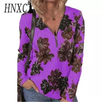 HNXC Женская мода Повседневная Осень Зима Цветочный Принт Длинный Рукав Воротник Молния Блузки и Рубашки S фиолетовый