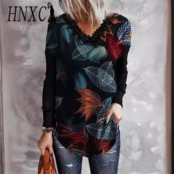 HNXC Женская мода повседневная осень-зима цветочный принт длинный рукав V-образный вырез блузки и рубашки S зелёный