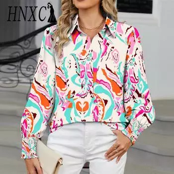 HNXC Женская мода повседневная осень-зима цветочный принт длинный рукав воротник поло блузки и рубашки S красный