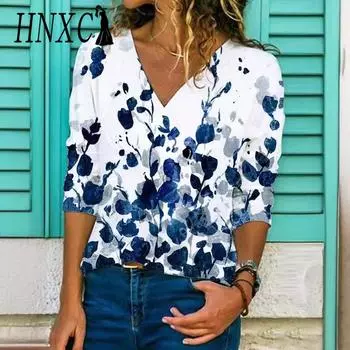 HNXC Женская мода повседневная осень-зима цветочный принт длинный рукав V-образный вырез блузки и рубашки S