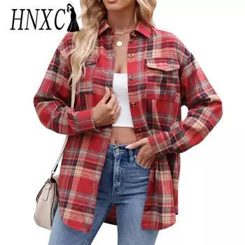 HNXC Женская мода Повседневная осень-зима клетчатый принт Длинные рукава воротник поло блузки и рубашки S зелёный