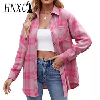 HNXC Женская мода Повседневная осень-зима клетчатый принт Длинные рукава воротник поло блузки и рубашки S тёмно-синий