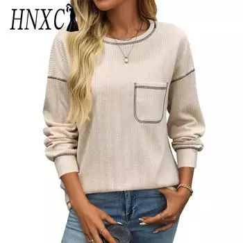 HNXC Женская мода Повседневная осень-зима Однотонные принты Длинные рукава О-образный вырез Блузки и рубашки S абрикосовый