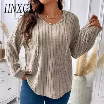 HNXC Женская мода Повседневная осень-зима Однотонные принты Длинные рукава с капюшоном Блузки и рубашки XL чёрный