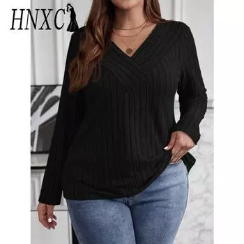HNXC Женская мода Повседневная осень-зима Однотонные принты Длинные рукава V-образный вырез Блузки и рубашки XL чёрный