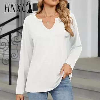 HNXC Женская мода Повседневная осень-зима Однотонные принты Длинные рукава V-образный вырез Блузки и рубашки S белый