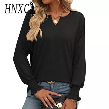 HNXC Женская мода Повседневная осень-зима Однотонные принты Длинные рукава Блузки и рубашки S чёрный