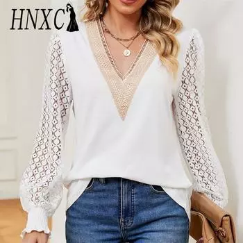 HNXC Женская мода Повседневная осень-зима Однотонные принты Длинные рукава V-образный вырез Блузки и рубашки S чёрный