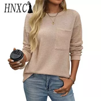 HNXC Женская мода Повседневная осень-зима Однотонные принты Длинные рукава О-образный вырез Блузки и рубашки XXL