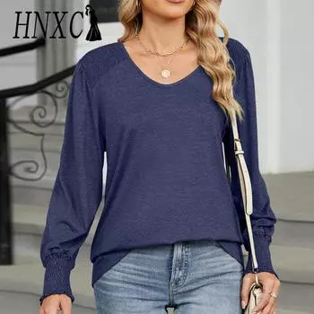 HNXC Женская мода Повседневная осень-зима Однотонные принты Длинные рукава V-образный вырез Блузки и рубашки S белый