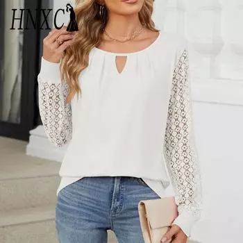 HNXC Женская мода Повседневная осень-зима Однотонные принты Длинные рукава V-образный вырез Блузки и рубашки S белый
