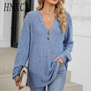 HNXC Женская мода Повседневная осень-зима Однотонные принты Длинные рукава V-образный вырез Блузки и рубашки S розовый