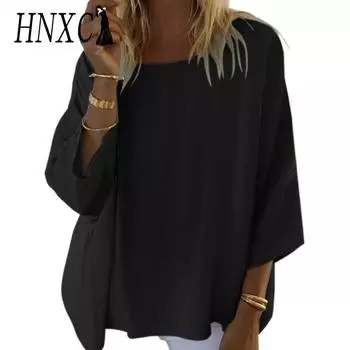 HNXC Женская мода повседневная осень-зима однотонные принты с длинным рукавом и круглым вырезом блузки и рубашки S чёрный
