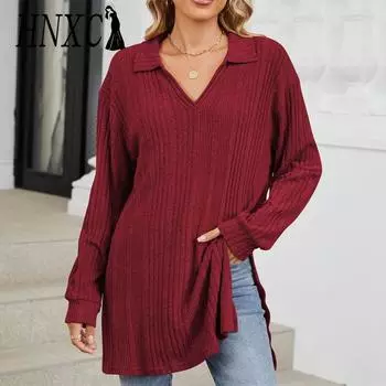 HNXC Женская мода Повседневная осень-зима Однотонные принты Длинные рукава V-образный вырез Блузки и рубашки S чёрный