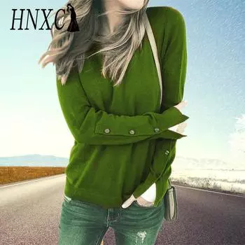 HNXC Женская мода повседневная осень-зима однотонные принты с длинным рукавом и круглым вырезом блузки и рубашки S армия зеленый