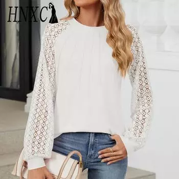 HNXC Женская мода Повседневная осень-зима Однотонные принты Длинные рукава О-образный вырез Блузки и рубашки S белый