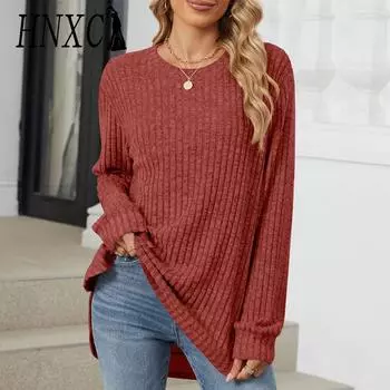 HNXC Женская мода Повседневная осень-зима Однотонные принты Длинные рукава О-образный вырез Блузки и рубашки S чёрный