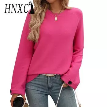 HNXC Женская мода Повседневная осень-зима Однотонные принты Длинные рукава О-образный вырез Блузки и рубашки S розы красного