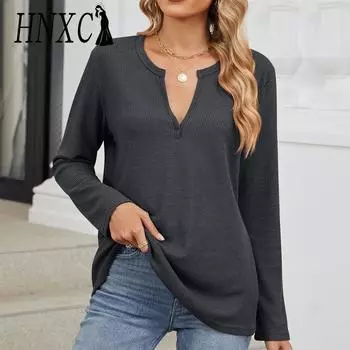 HNXC Женская мода Повседневная осень-зима Однотонные принты Длинные рукава V-образный вырез Блузки и рубашки S розовый